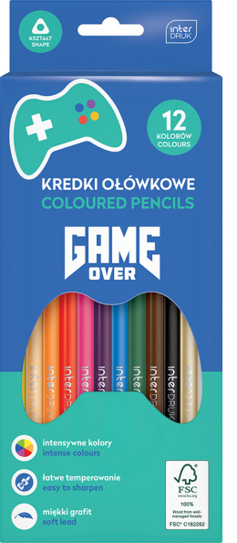 KREDKI OŁÓWKOWE TRÓJKĄTNE 12 KOLORÓW GAME OVER FSC 100% , INTERDRUK